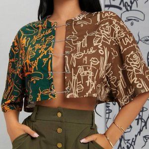 Multicolor/ Split Y Letter And Figure Graphic Color Block Chain Detail Tee